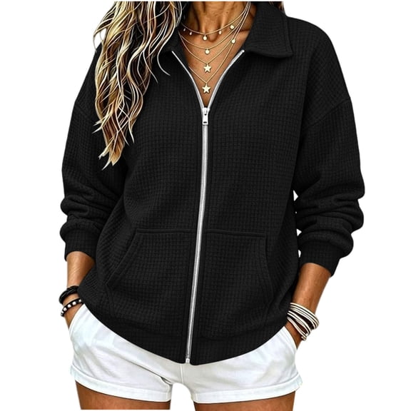 LUVDA Women's Waffle Knit Zip Up Jacket with Large Pockets Long Sleeve Collared Fall Outerwear