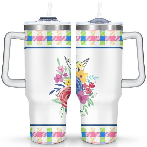 40oz Pioneer Colorful Floral Stainless Steel Flip Straw Tumbler with Lid and Straw Spill Proof Travel Cup Double Wall Vacuum Insulated Coffee Mug with Handle White