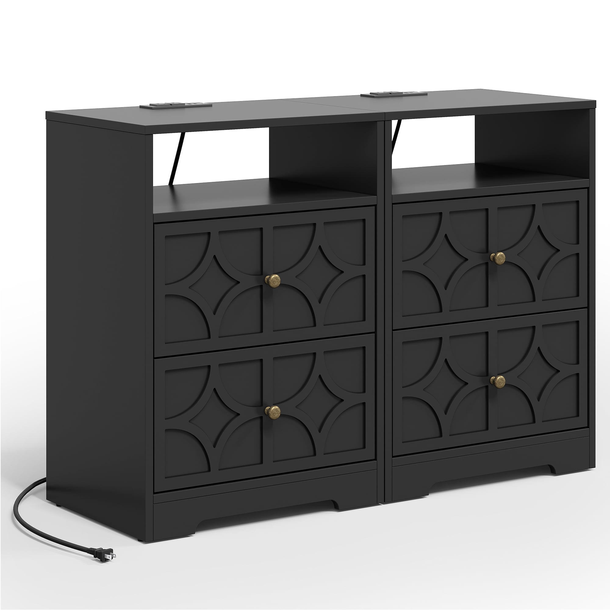 Cozy Home 2-Drawer Nightstand with Charging Station, Modern Side Table with Diamond Carvings and Gold Knobs, Ideal for Living Room, Bedroom, Entryway, Black, Set of 2