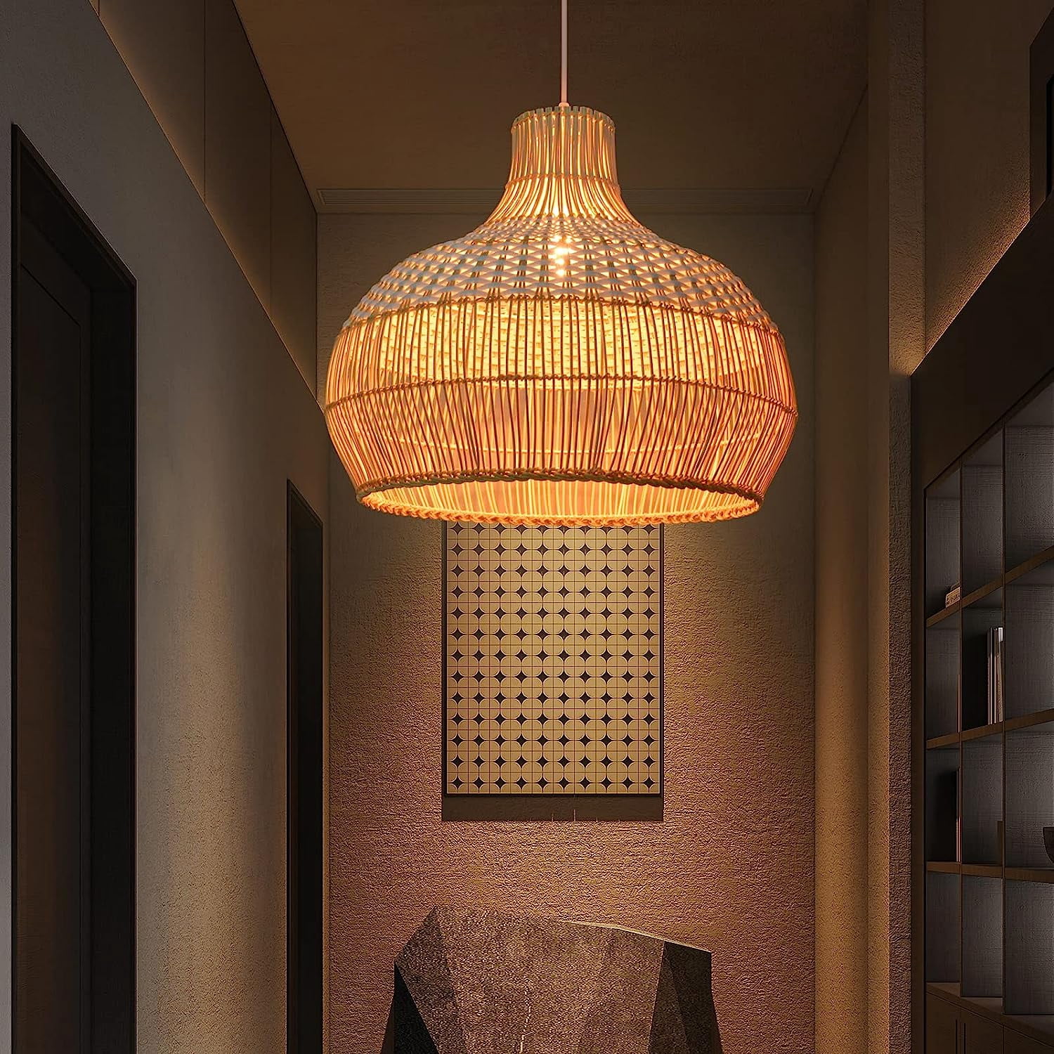 Arturesthome White Rattan Pendant Light, Wicker Hanging Ceiling Light Chandelier, Handmade Woven Lampshade for Kitchen Island
