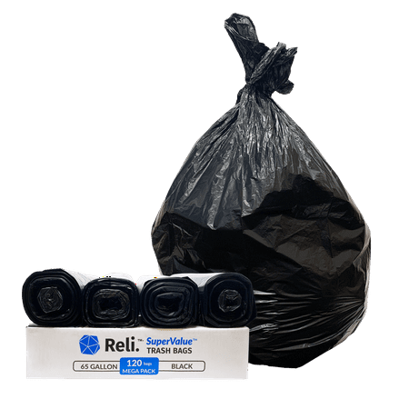 reli. 65 gallon trash bags heavy duty black garbage bags, drum liners 65 gallon (120 bags)