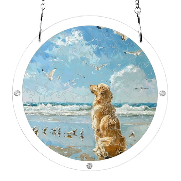 Dog Sitting on Beach Gulls Acrylic Jigsaw Puzzles 83 Pieces Suncatcher for Window Hanging 7.5 Inch Holiday Home Decor