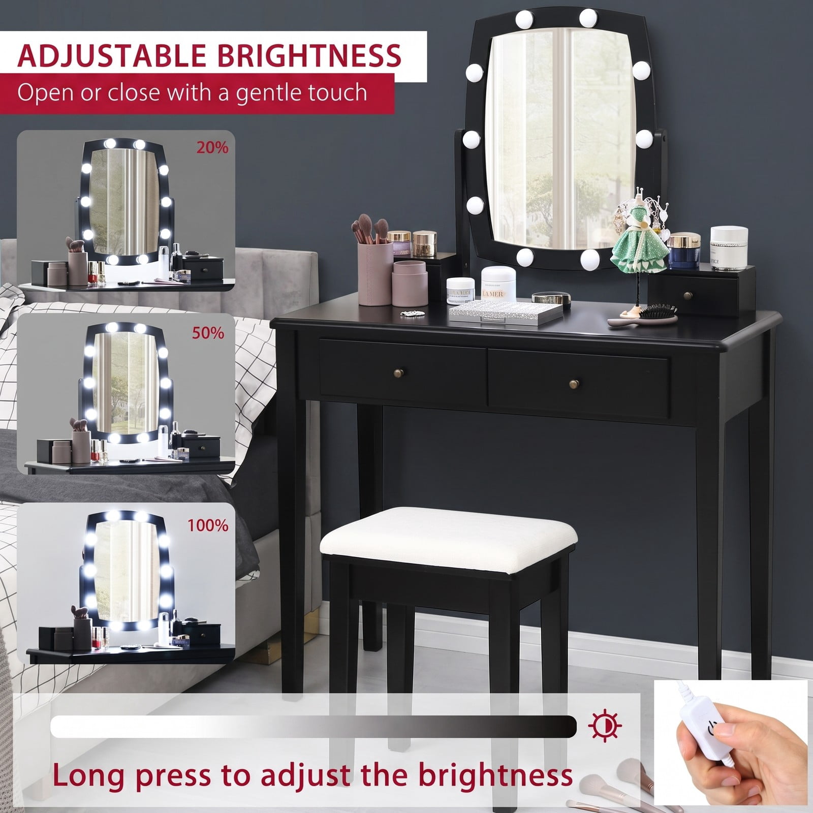 Furnibear Vanity Table Set with 10 Dimmable Bulb Lighted Mirror and Cushioned Fabric Stool and Drawers for Bedroom and Dressing Room, Black