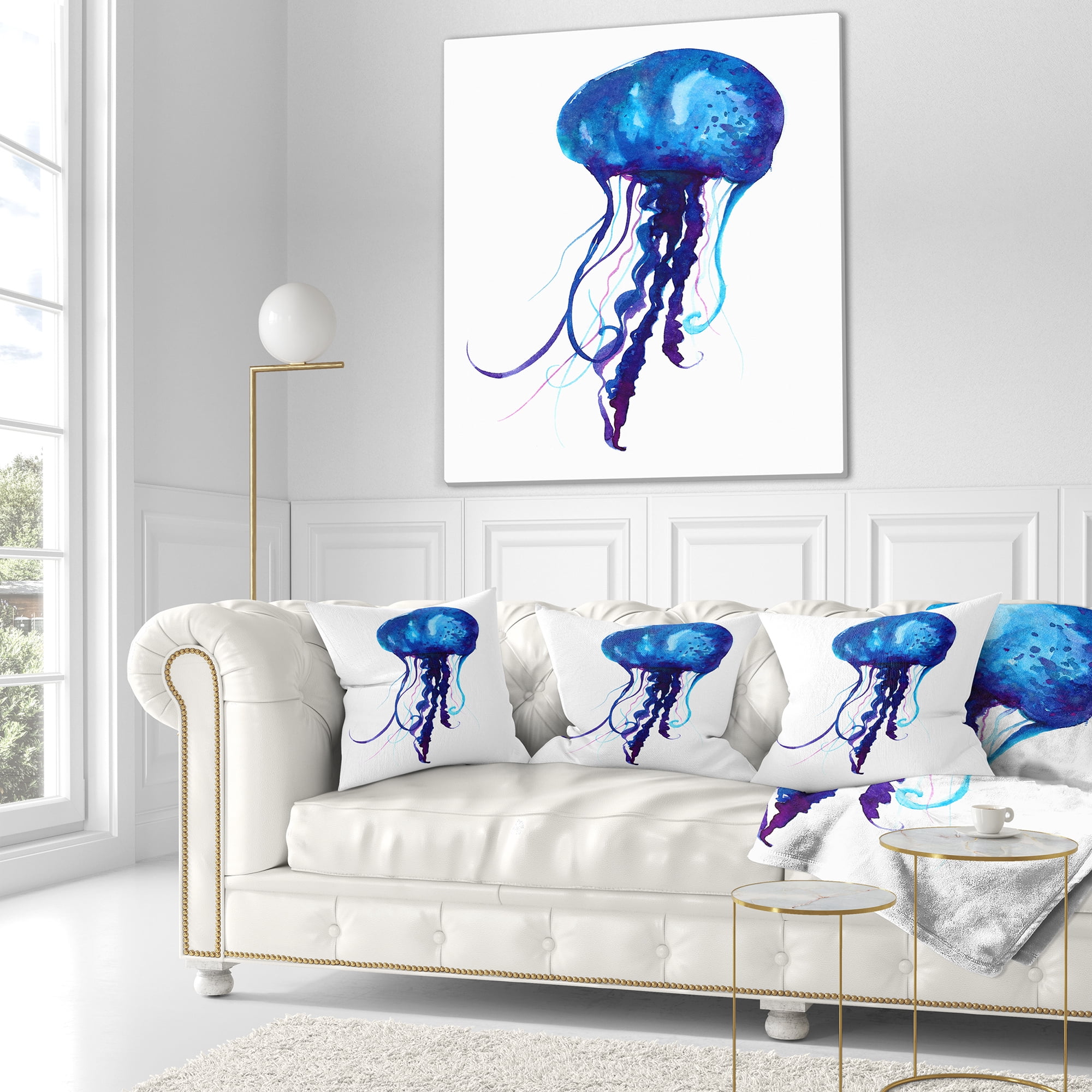 Designart Dark Blue Jellyfish Watercolor - Animal Throw Pillow - 16x16