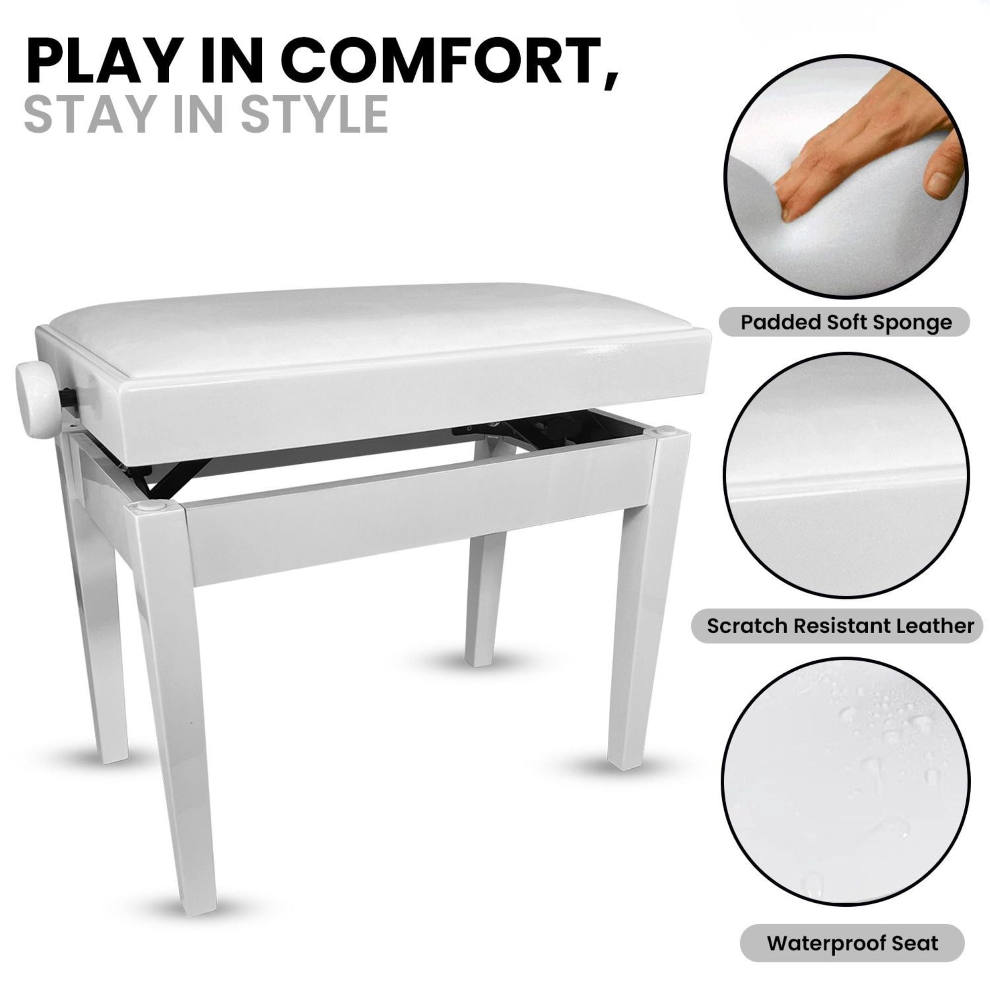 Adjustable Piano Bench - Padded Solid Wood Keyboard Stool (18"-22") - White