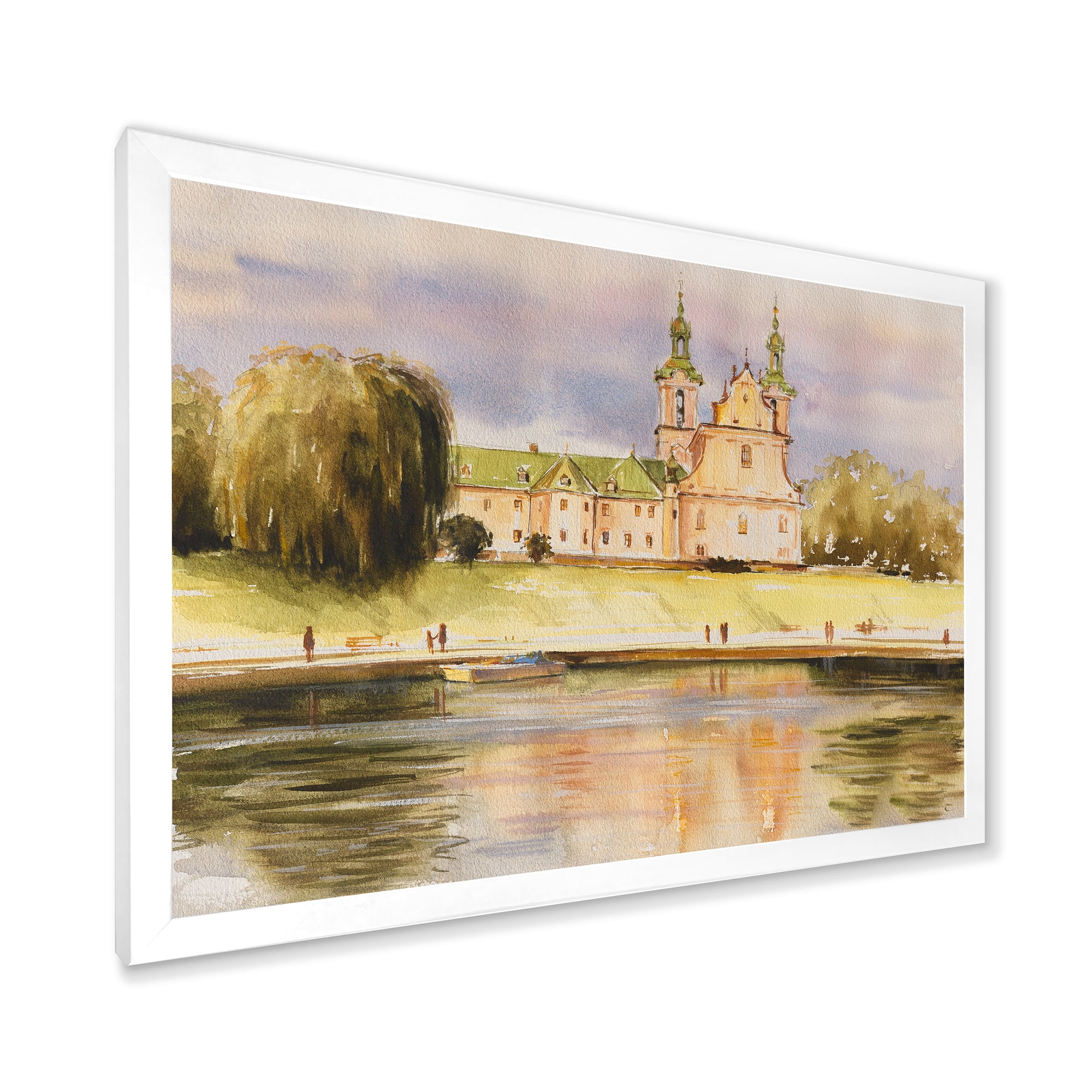 Designart 'Historical Church On The Rock On Banks of The River' Lake House Framed Art Print