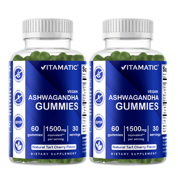 Vitamatic Ashwagandha Gummies 1500mg per Serving Vegan Gluten-Free 3% Withanolides Stress Relief 3 Pack 180 Count