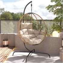 JERFIT Hanging Egg Chair with Stand for Patio, Outdoor Indoor Rattan Swing Chair with Beige Cushion, PE Wicker & Iron Frame