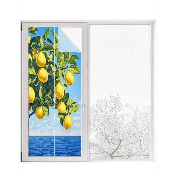 Window Privacy Film Coastal Lemon Stained Glass Window Film Decorative Sun Block Window Cover Summer Ocean Waves Fruit Trees Window Clings Static Adhesive Sticker for Bathroom 29.5"x78.7"
