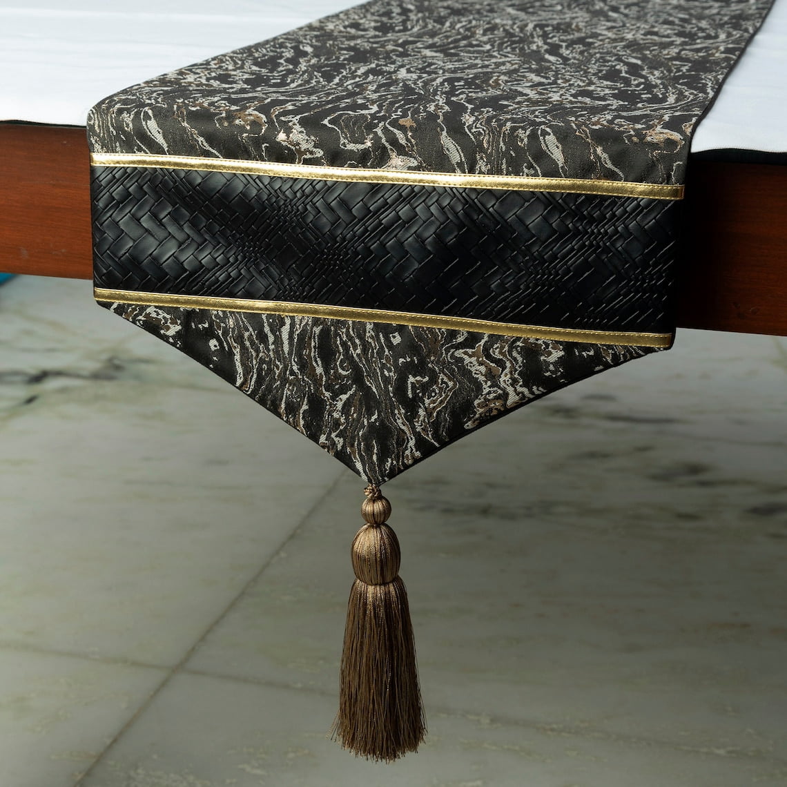 Decorative Black Table Runner 4 Seater Table Runner (14 x 48 inch), Tassles & Marble pattern Table Runner, Leather fabric Table Linen, Abstract Halloween Decorations - Leather Runway
