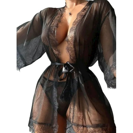 

DYMADE Women Perspective Gauze Sexy Nightgown Solid Color Pajama