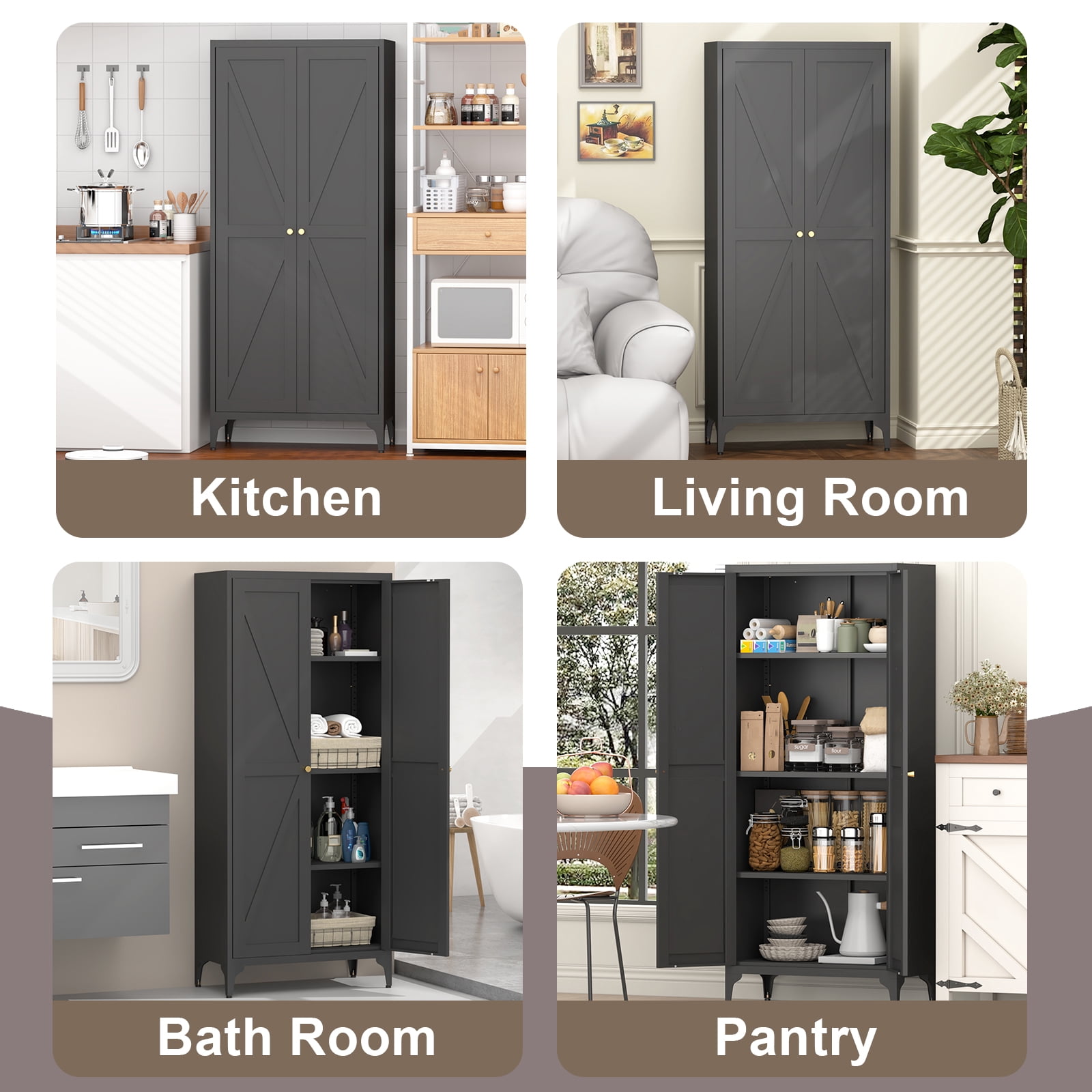 Aukfa 65" Freestanding Kitchen Pantry Storage Cabinet with 4 Adjustable Shelves, Metal Food Pantry Cupboard for Kitchen/Garage/Office, Black
