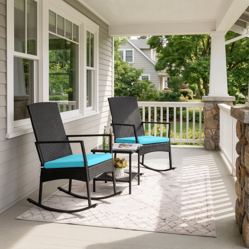 Devoko 3 Pieces Patio Rattan Rocking Chair Set with Cushion and Table Outdoor Porch and Garden Furniture Set, Blue