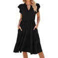 thumbnail image 3 of Women'S Summer Dress V Neck Short Sleeve Midi Sundress Flowy Tiered Beach Dresses with Pockets, 3 of 9