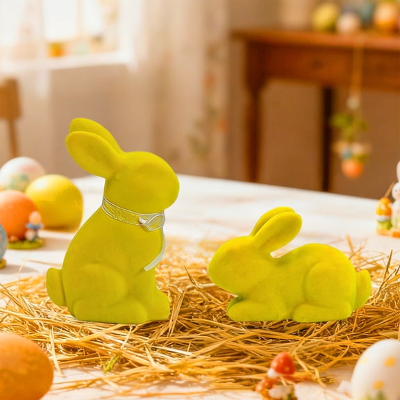 2 Pcs Resin Bunny Figurines Set, Cute Soft Velvet Rabbit Statues, Small Tabletop Decorations for Easter, Spring Home Decor, Living Room Shelf Display and Holiday Gifts