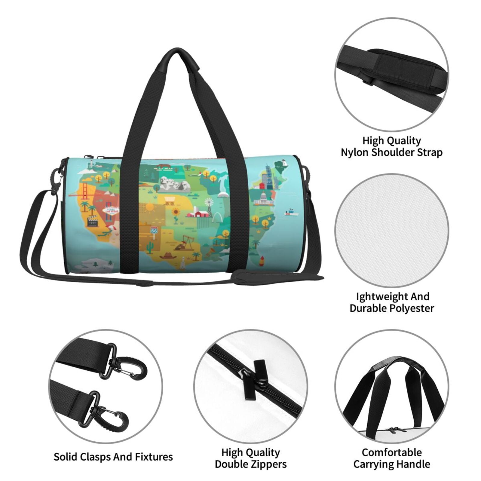 Defioc USA Tourist Map for Travel Duffle Bag,Weekender Bag Carry On Tote Bags Hospital Bag Large Capacity Sport Gym Bag for Men Women Fit for Trave, Gym,Weekend