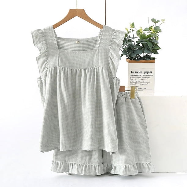 Chaleco sin mangas de algodón de verano, pantalones cortos, ropa de casa, conjunto de pijama de cuello cuadrado de gasa fina para mujer, dulce cuadros sueltos
