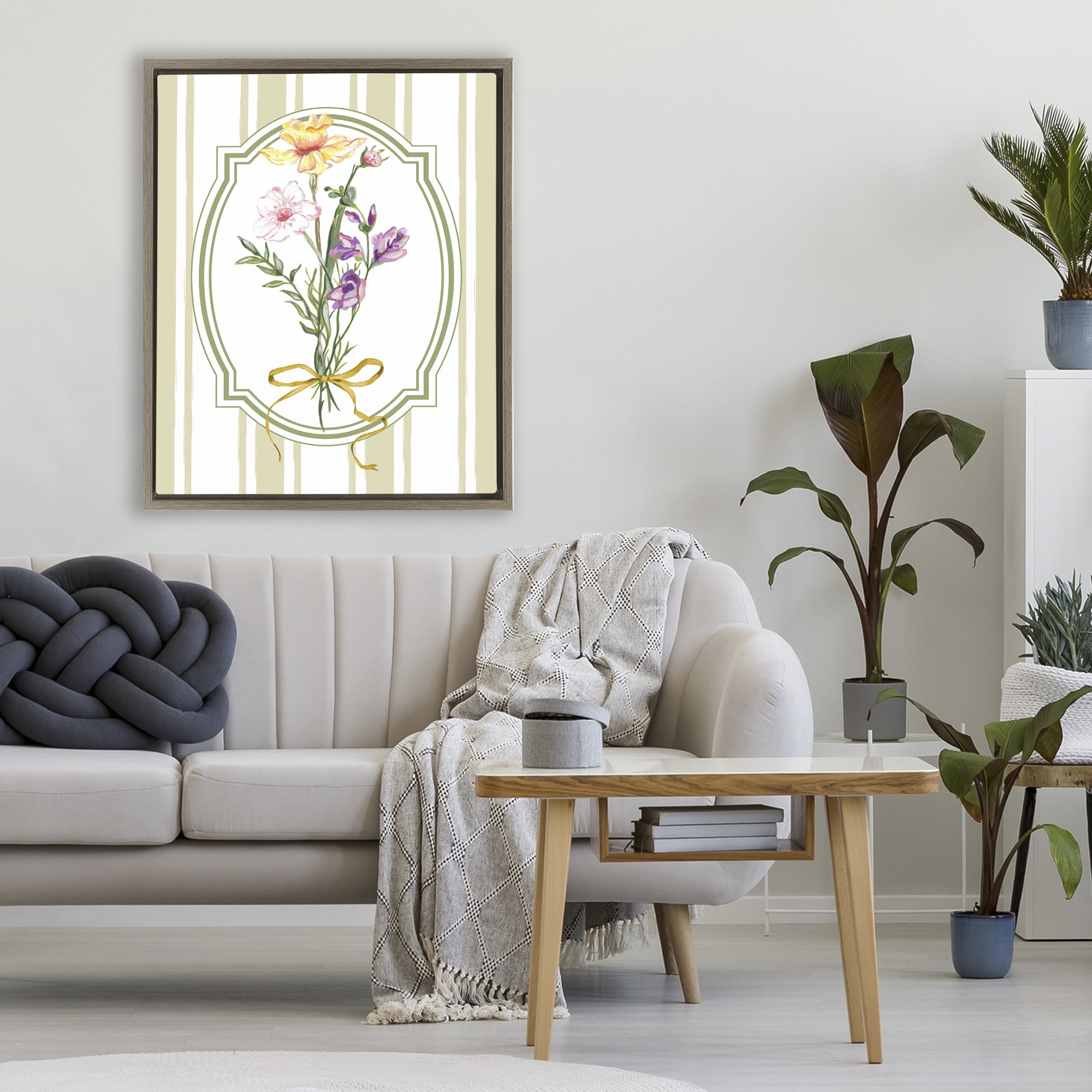 Vintage Wildflowers with Ribbon Brown Framed Floater Canvas Wall Art, design by Adonna Ebrahimi