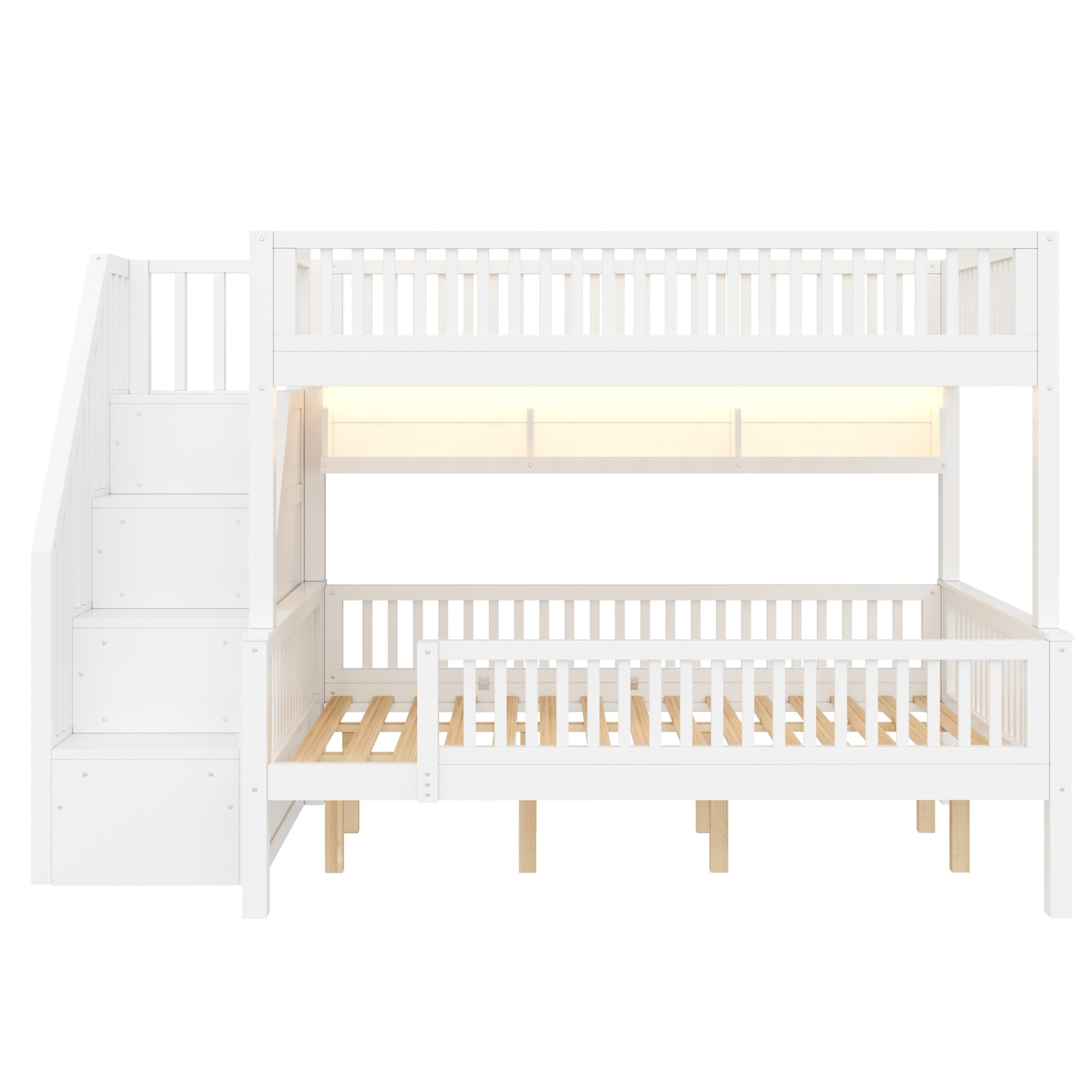 Noble House Dalmor Full XL over Queen Bunk Bed with Storage Staircase & Built-in Bookshelf, Adjustable LED Light, White
