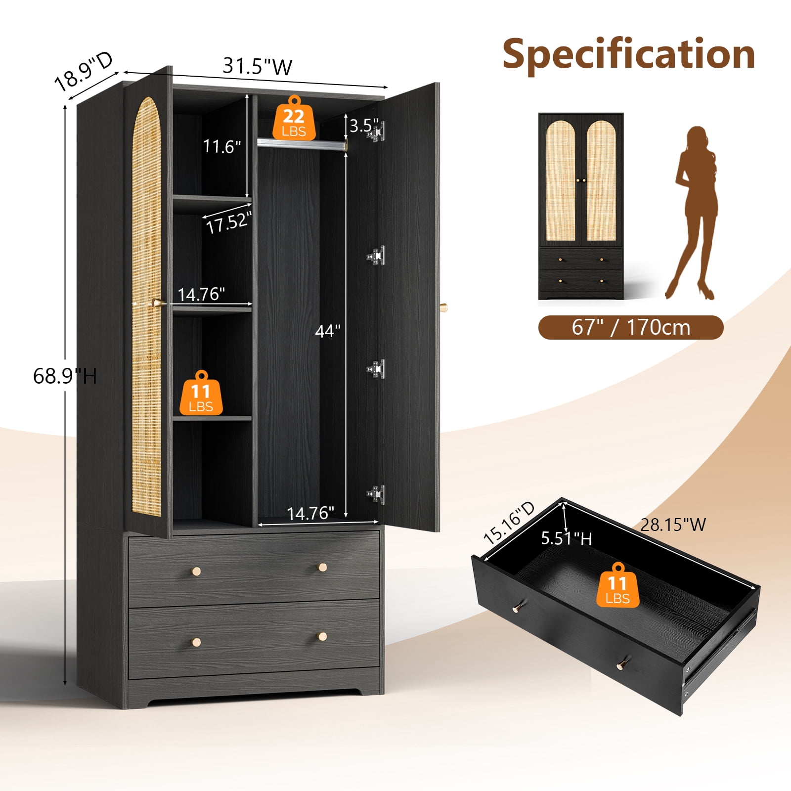 Ktaxon Fluted Wardrobe Closet Armoire with Hanging Rod, Modern