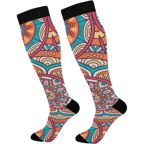 FREEAMG Mandala Compression Socks Women Men Long Stocking (20-30mmHg) Travel Knee High Stockings for Athletic Sports,Running,Cycling,Nursing