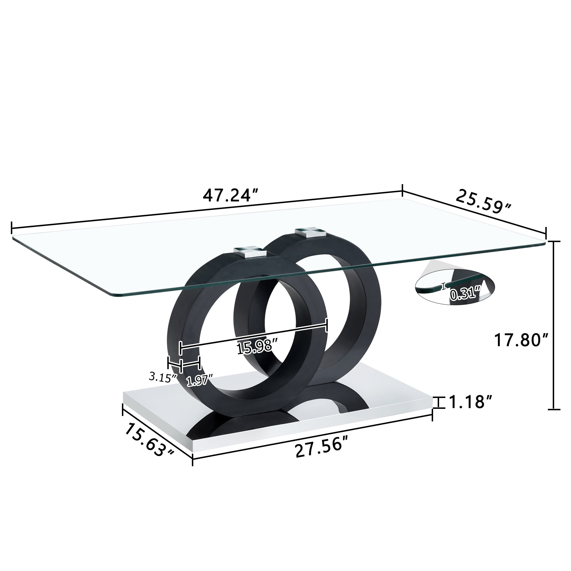 TesNus Glass Coffee Table for Living Room, Modern Rectangular Center Table, 47” Living Room Table with Clear Tempered Glass Top and Steady Black OO Shaped Base