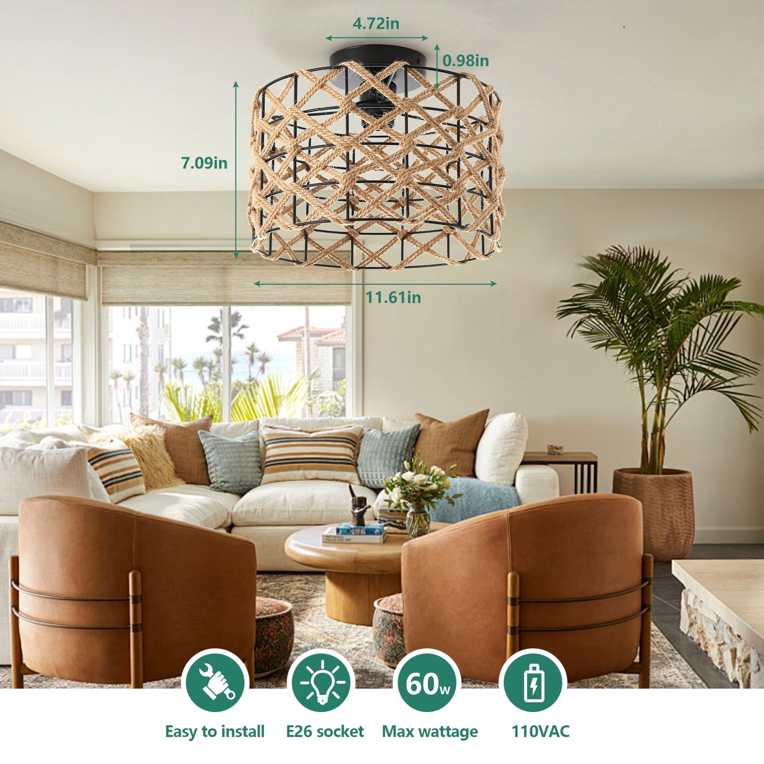 JOPESO Rattan Ceiling Light Fixtures, Bohemian Hand-Woven Flush Mount Ceiling Light for Farmhouse Kitchen Bedroom Living Room Dining Room