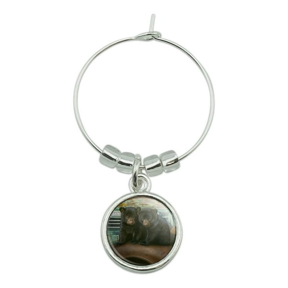 Black Bear Cubs on Vintage Car Wine Glass Charm Drink Marker