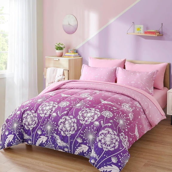 Girls Comforter Set Full Size 7 Pieces Bed in A Bag Ombre Pink Rainbow Bedding Set Dandelion Print Kids Bedding Collections