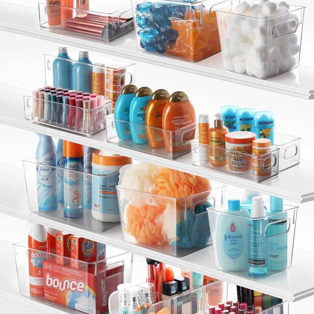 StorageBud 4 Pack Clear Plastic Bathroom Vanity Storage Bin with Handles - Container Organizer for Soaps, Shampoos, Conditioners, Cosmetics, Hand Towels, Hair Brush, Body Spray, Lotion & More