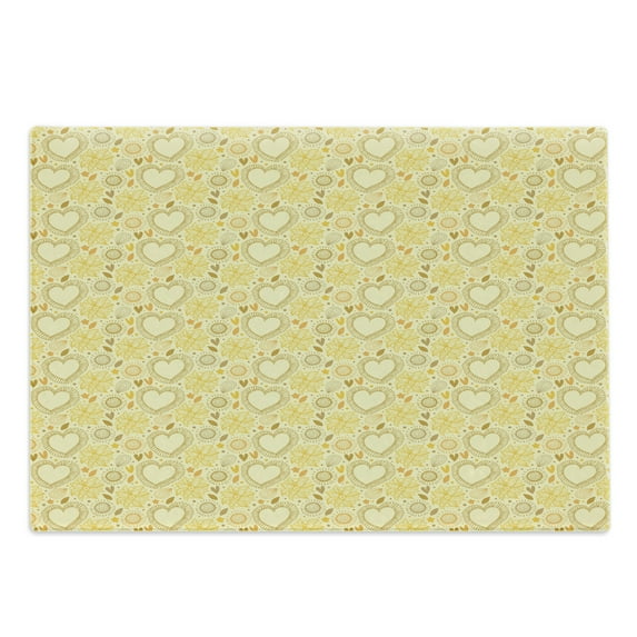 Yellow Cutting Board, Doodle Style Composition with Hearts and Flowers Romantic Valentines Day, Decorative Tempered Glass Cutting and Serving Board, Large Size, Multicolor, by Ambesonne