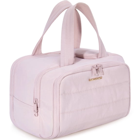 BAGSMART Crush Toiletry Bag for Travel, Lightweight Large Wide-open Travel Bag for Women, Puffy Cosmetic Makeup Bag Organizer with Handle for Accessories,Essentials, Toiletries, Pink