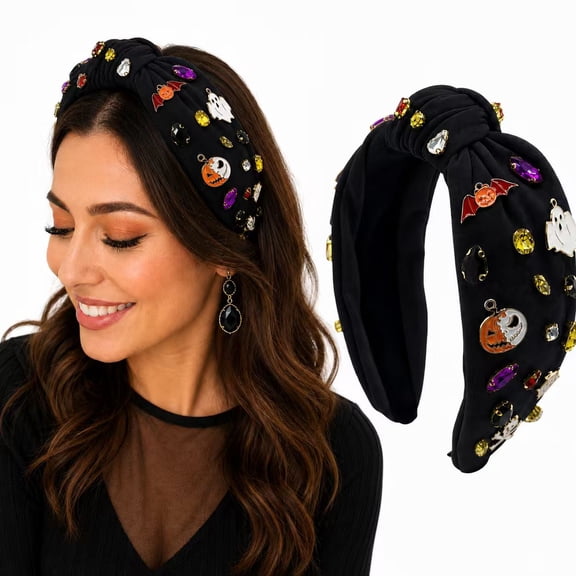 Black Halloween Knot Headband for Women, Padded Hair Accessory with Sparkly Rhinestone Charms for Costume Party and Halloween Outfit
