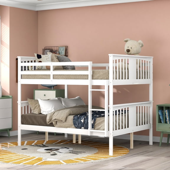 [Luckynote]Full over Full Bunk Bed with Ladder for Bedroom, Guest Room Furniture-White