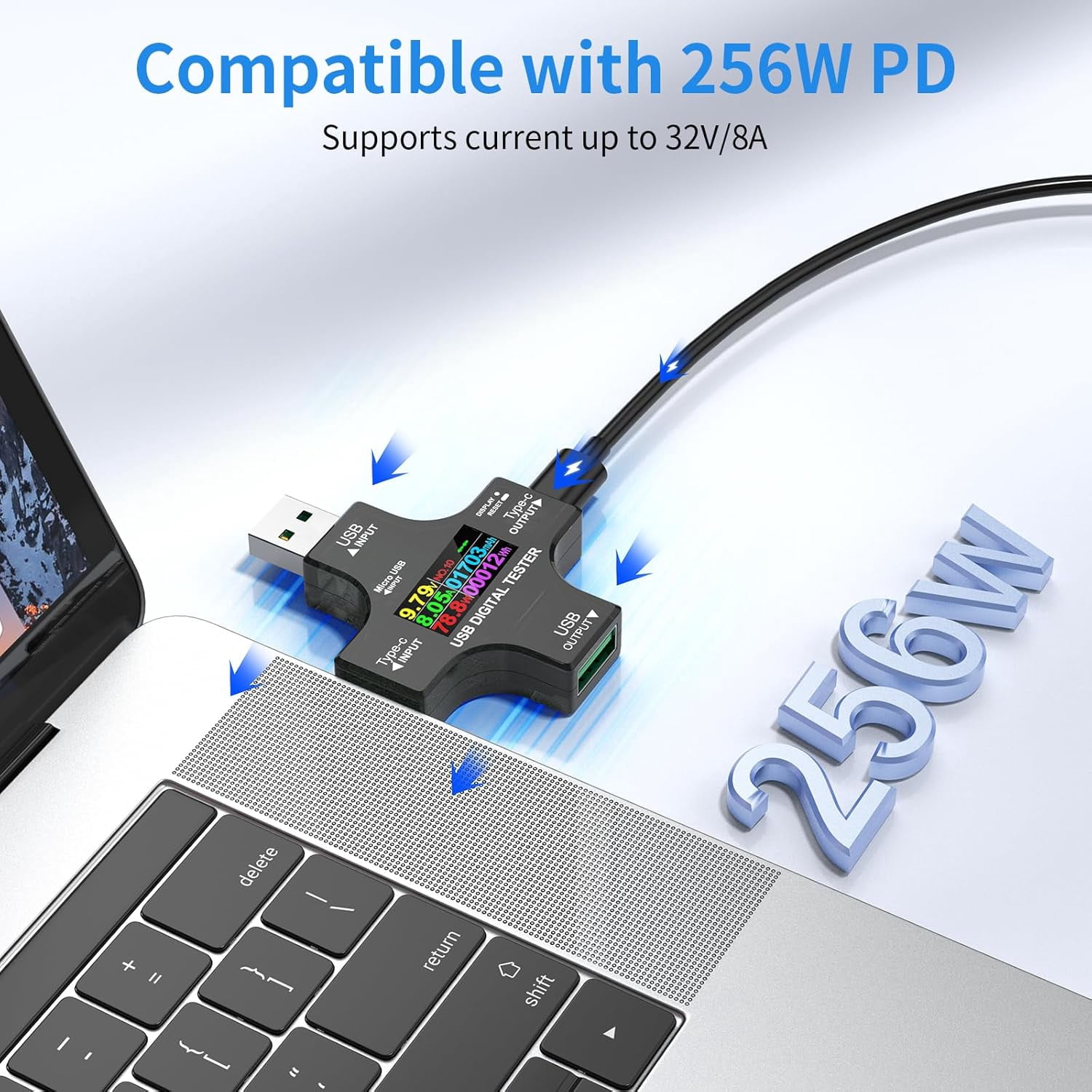 USB C Tester Power Meter 2 in 1, Digital Multimeter 3.6-32V 0-8.0A Voltage and Current Tester Meter, Type C Voltmeter Battery Capacity Volt Ammeter Power Bank Fast Charger Detector