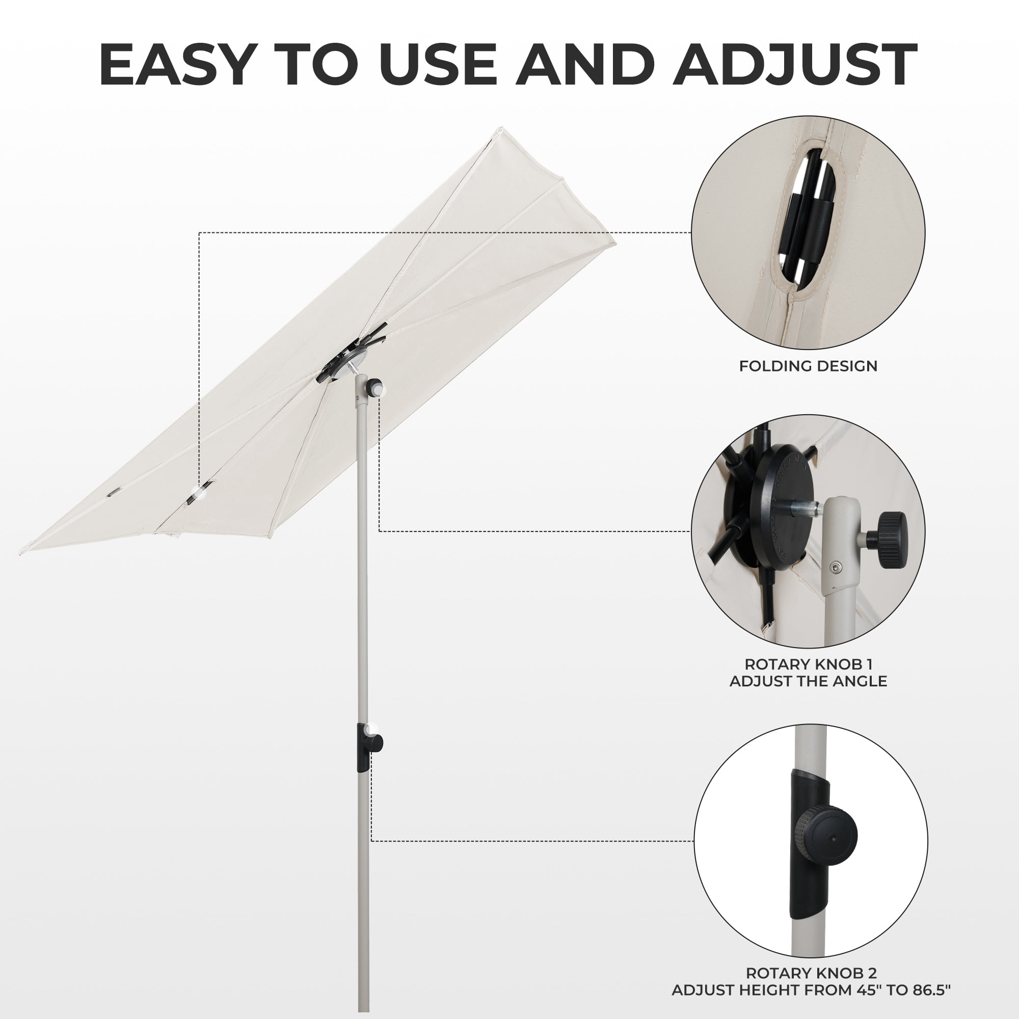 GRANDPATIO Outdoor 6x4 Ft Rectangular Balcony Umbrella, 360°Tilt & Rotation Flat Umbrella Shade, Natural White