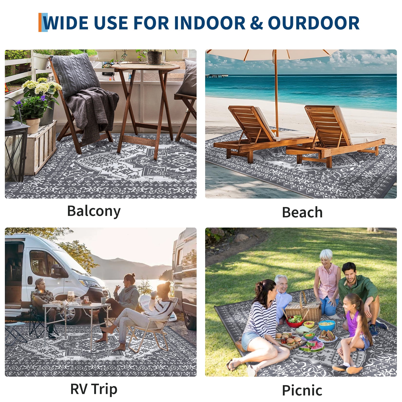 Waterproof Reversible Outdoor Rug 8x10ft – Large Plastic Straw Patio Carpet, Vintage Medallion, Durable All-Weather Mat, for Deck, Balcony, Pool, Camping, RV, Picnic – Gray, USA