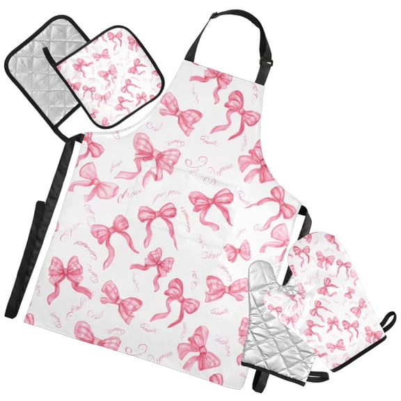 Ryvnso Pink Bows Kitchen Apron Oven Mitts Set Pot Holders