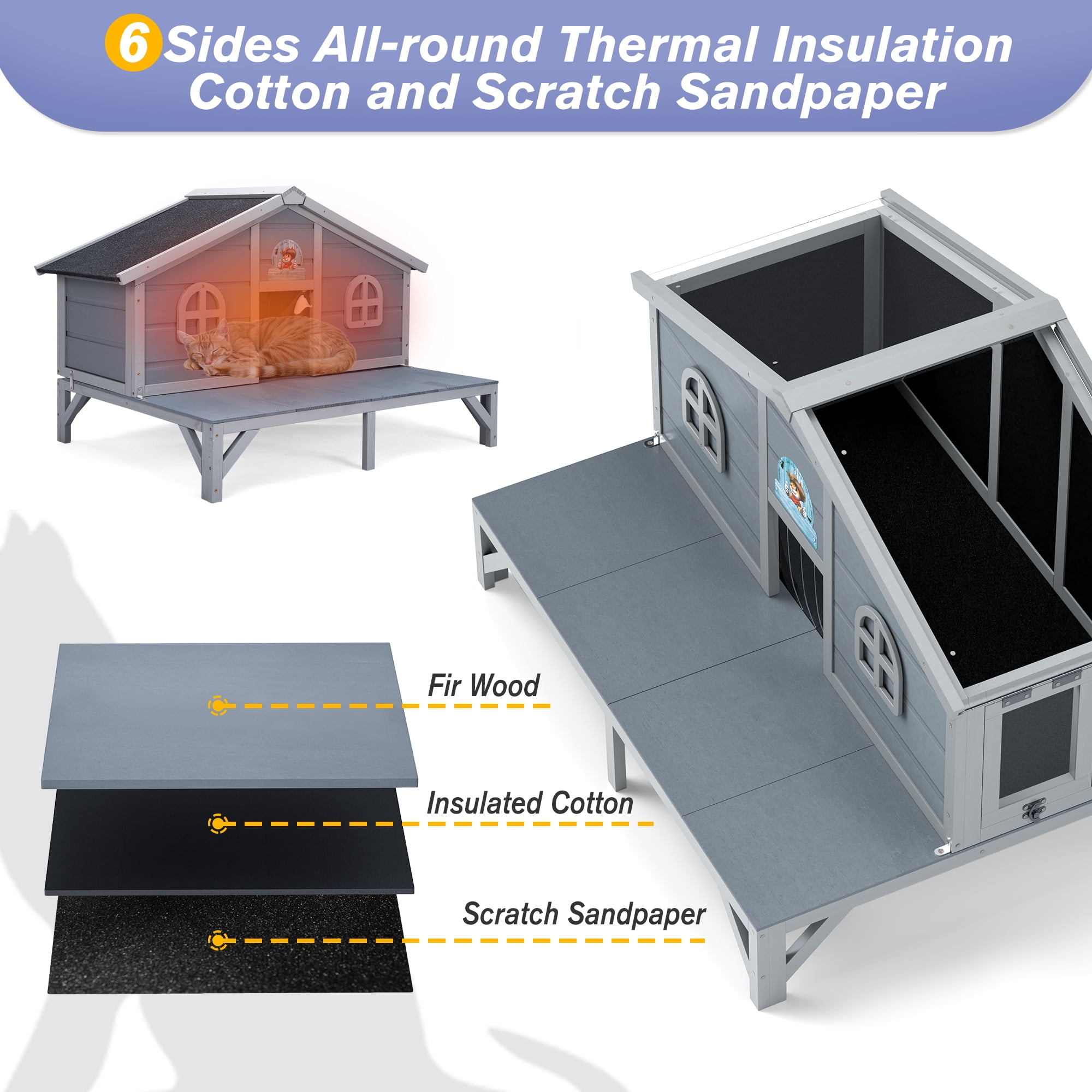COZIWOW 43in Insulated Cat House for Outdoor Wooden Cat Shelter with Deck, Elevated, Gray