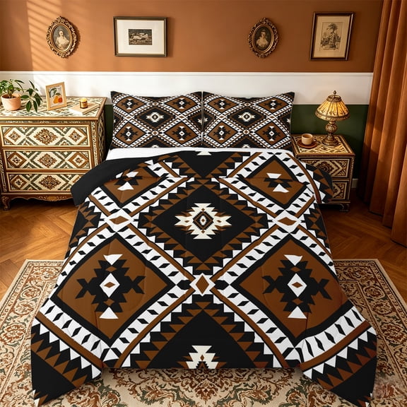 jejeloiu Vintage Aztec Rhombus Bedding Comforter Set,Brown Black White Twin Comforter Sets,Boho Tribal Geometric Bedding Set For Kids,Luxury Bedroom Decor Reversible,2 Pieces
