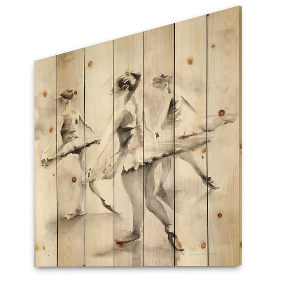 Designart 'Monochrome Watercolors Ballerinas Dance I' French Country Print on Natural Pine Wood