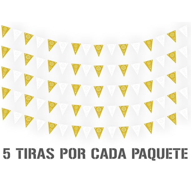 Banderin Calado DECORAMEC PAPEL PICADO Toda Ocasion 5 tiras de 8 metros Flores Amarillo con Blanco