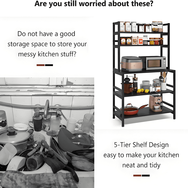 5-Tier Kitchen Bakers Rack, Multifunctional Storage Shelf with Reinforced Rods - for Kitchen, Bedroom & Living Room