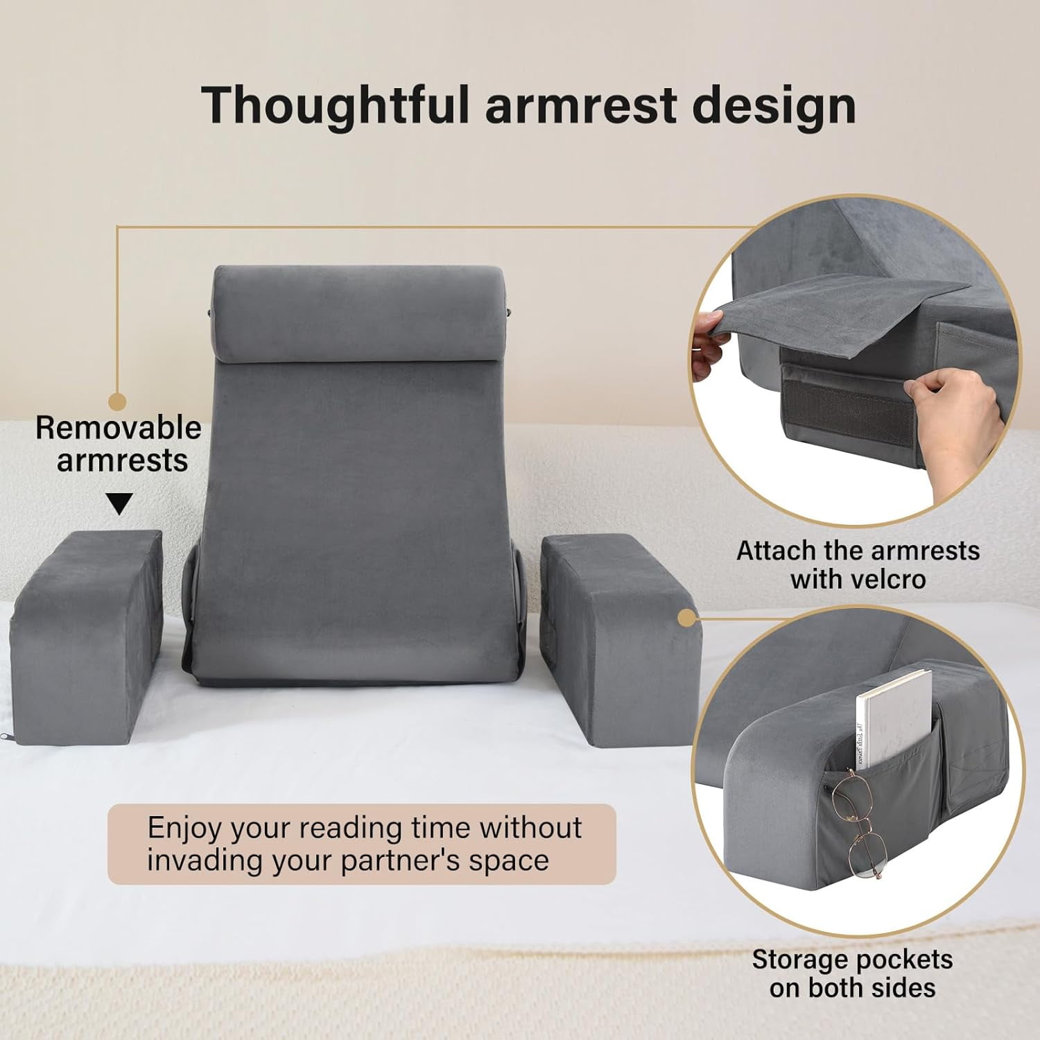 Reading Pillow for Sitting in Bed Adult, 19" Back Support Pillow for Bed Sitting up, Backrest Cushion for Reclining,Gaming,Resting, Wedge with Arms
