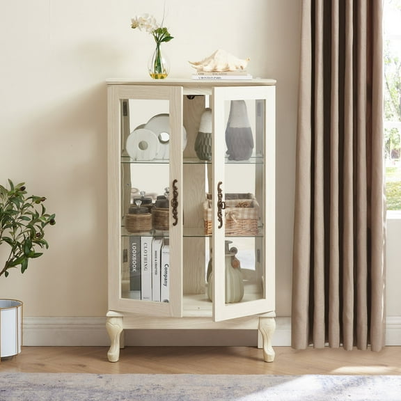 2 Doors Curio Cabinet with Tempered Glass Doors, Lighted Display Cabinet for Home, Office, White