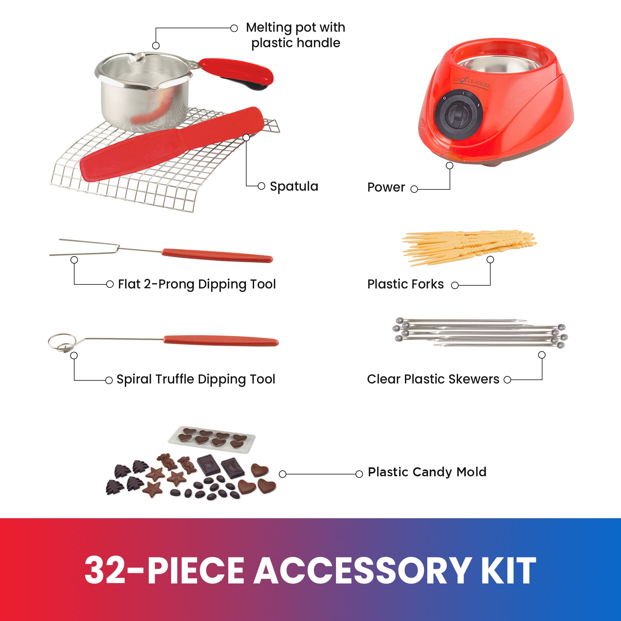 Total Chef Chocolatiere Electric Chocolate Fondue / Melting Pot and Candy  Making Kit, 8.8 oz (250 g) Capacity, with 32-Piece Accessory Kit for  Candy-Making, Dessert, Special Occasion - Walmart.com