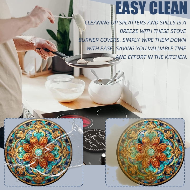 Round Stove Burner Covers for Electric Stove, Vintage Multicolored Floral Mandala Art Decorative Electric Range Burner Covers Set of 4 for Kitchen, 8 Inches and 10 Inches