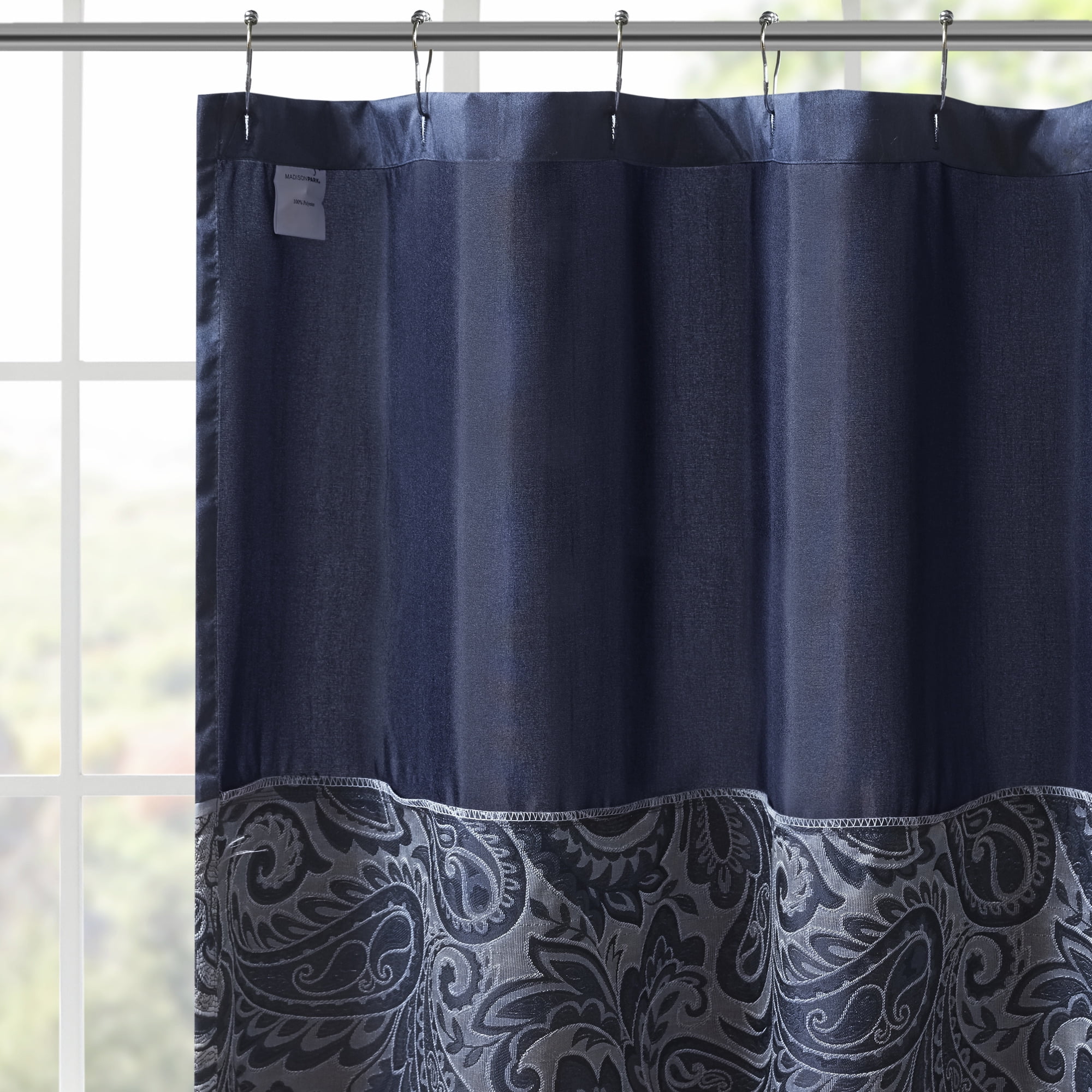 Madison Park Navy Shower Curtain, Traditional Jacquard Bath Curtain with 12 Button Holes, 72" x 72"