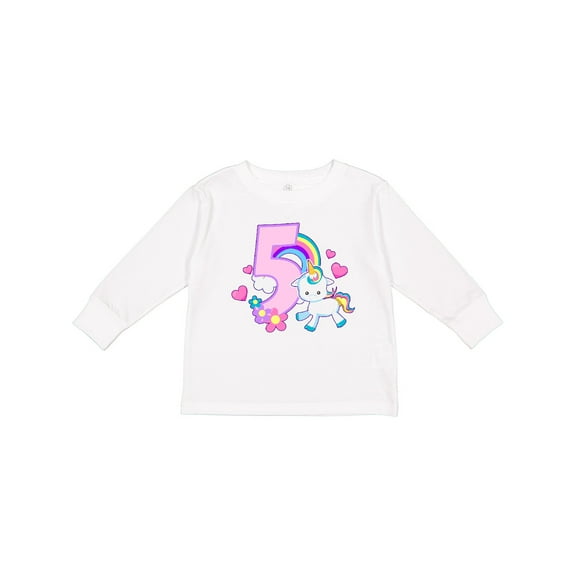 Inktastic I Am Five Years Old with Unicorn and Hearts Girls Long Sleeve Toddler T-Shirt