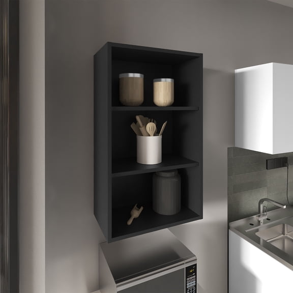 Wall Cabinet, 36" H, Black, 3 Shelves, Kitchen Storage Solution